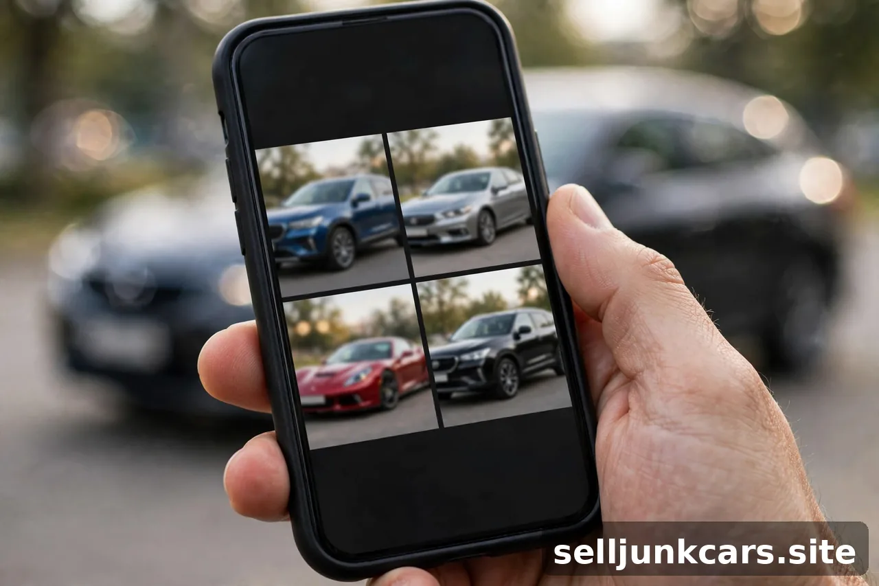 Teléfono con galería de fotos del carro en la mano
