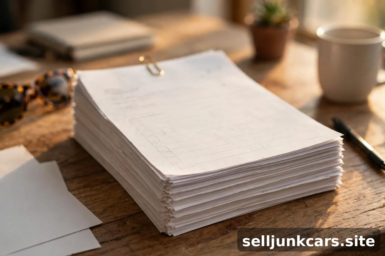 Pila de documentos de títulos sobre un escritorio
