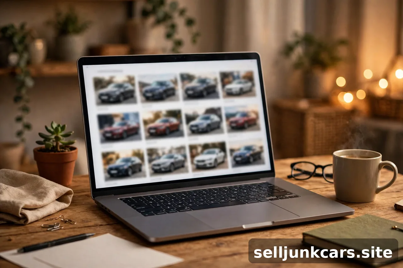 Computadora portátil con fotos de un carro en la pantalla
