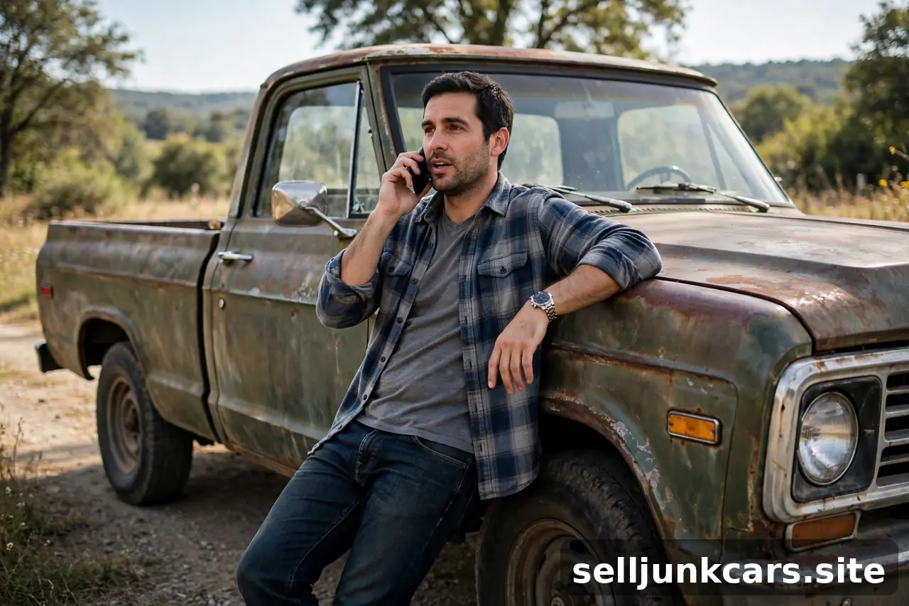 Cliente hablando por teléfono junto a una camioneta vieja