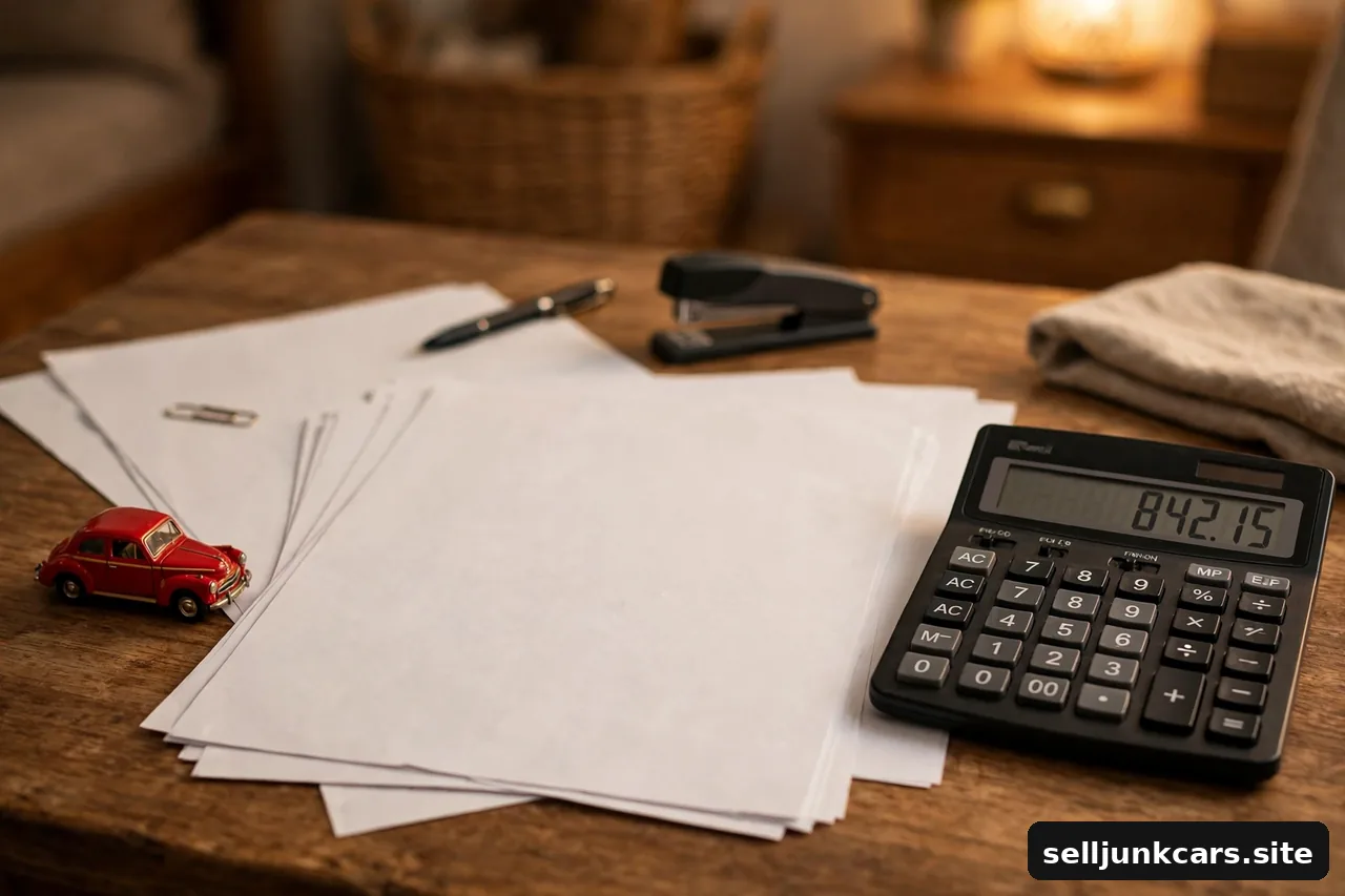 Documentos de impuestos y calculadora con un carrito de juguete