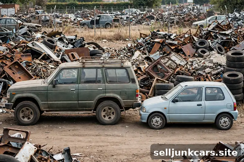 Camioneta grande y carro compacto lado a lado en un deshuesadero