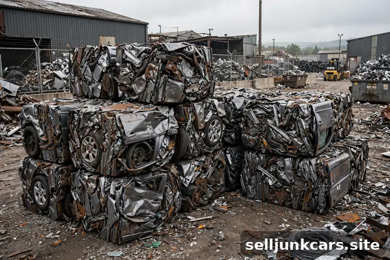 Carros compactados apilados en una recicladora