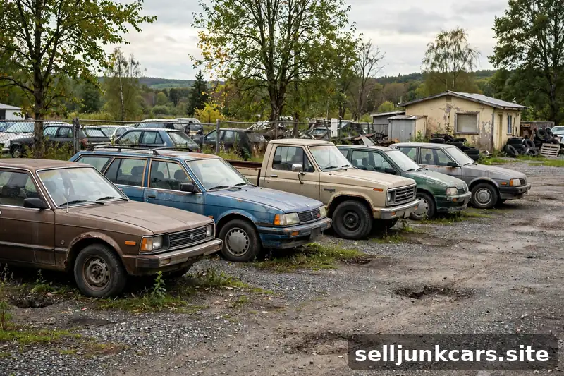 Fila de carros viejos en un lote pequeño