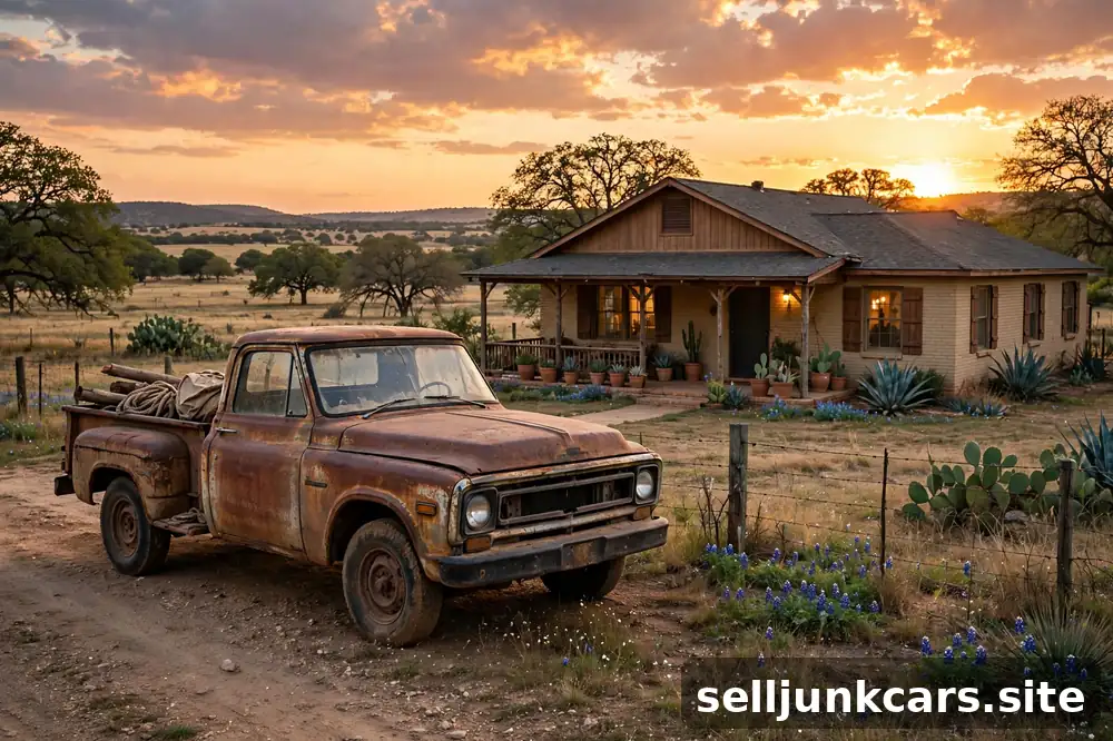 Camioneta vieja frente a una casa estilo rancho al atardecer