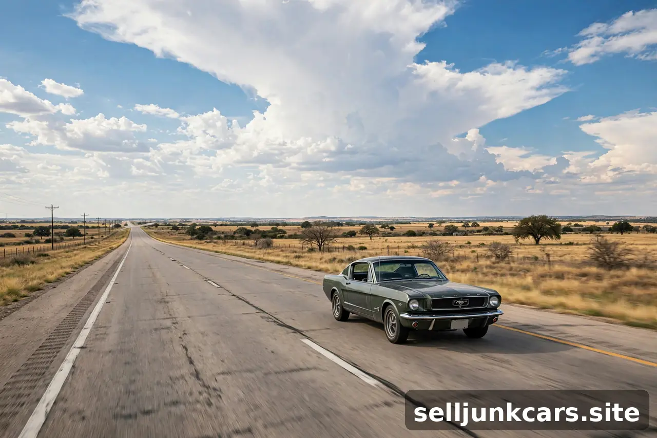 Carretera amplia de Texas con un carro viejo