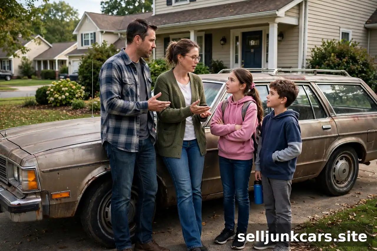 Familia conversando junto a su carro viejo